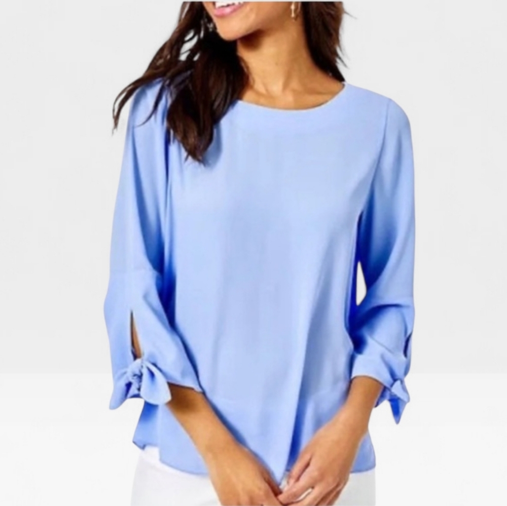LILLY PULITZER Langston Bow Tie Cuff Detail Blouse In Solid Periwinkle XS